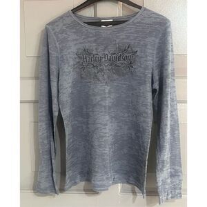 Harley Davidson Burn Out Distressed  Long Sleeve Gray Blue Round Neck Vintage Ts